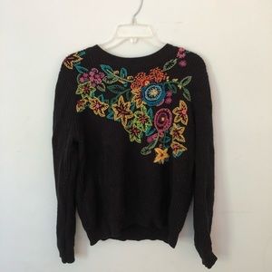 embroidered flower pattern black sweater